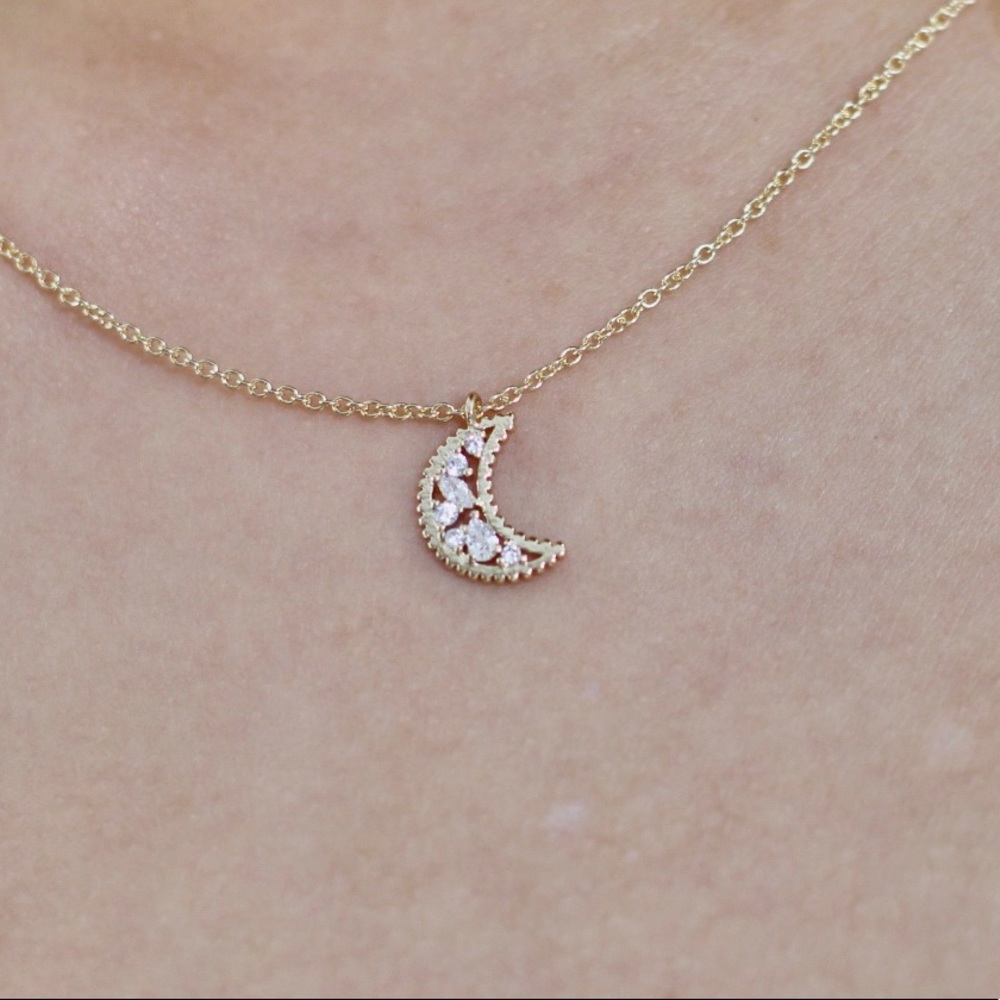 Jeweled moon pendant gold necklace!